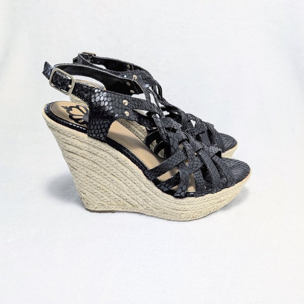 Fergalicious by Fergie Black Snakeskin Wedge Sandal, Size 9
